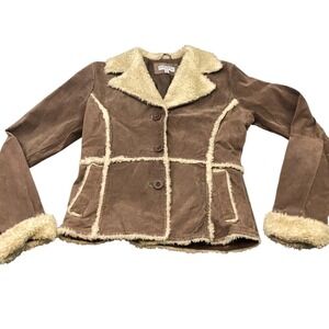 y2k Body Central Suede Jacket Womens S Brown Penny Lane Faux Fur Trim 6823-09CS